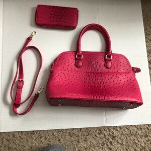 Unbranded red/pink faux leather satchel-style handbag, shoulder strap and purse